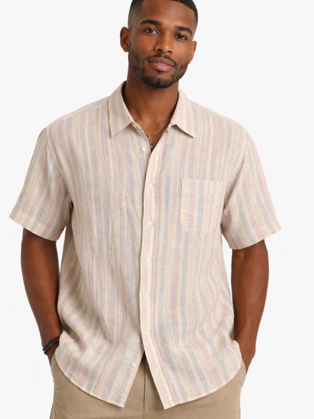 Equipment Beige Multi-Striped Short-Sleeve Button-Down Shirt